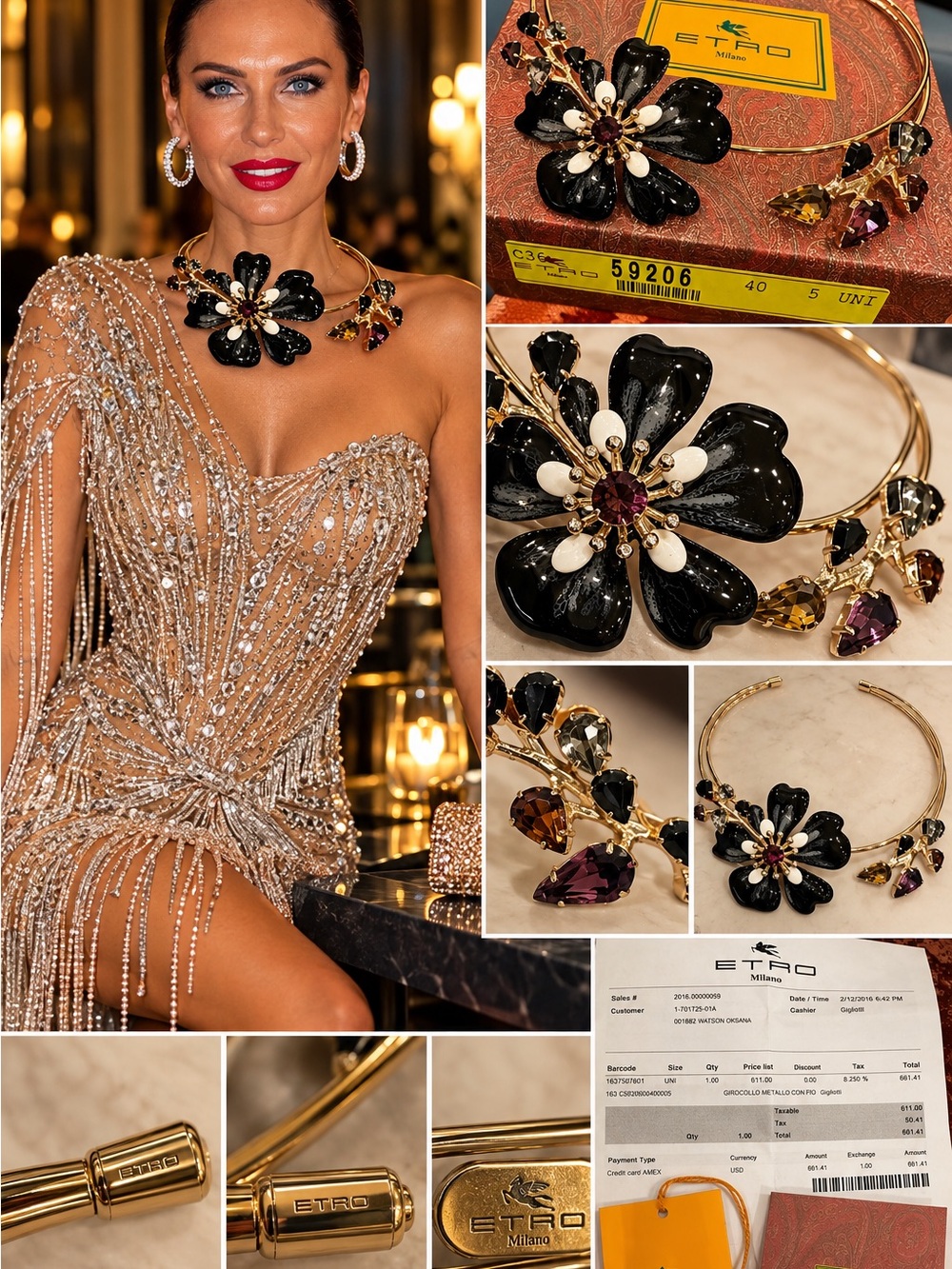 Etro Black Floral Crystal Necklace with Gold Accents and Multicolored Stones